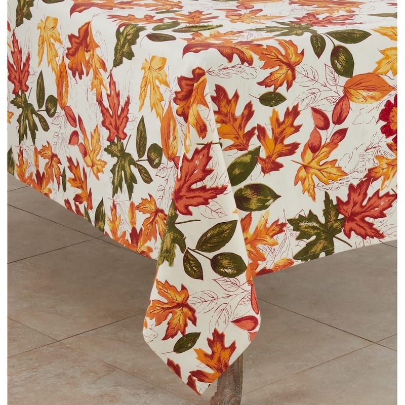 Cotton Tablecloth With Embroidered Autumn Leaves - 65 x 65 - Square