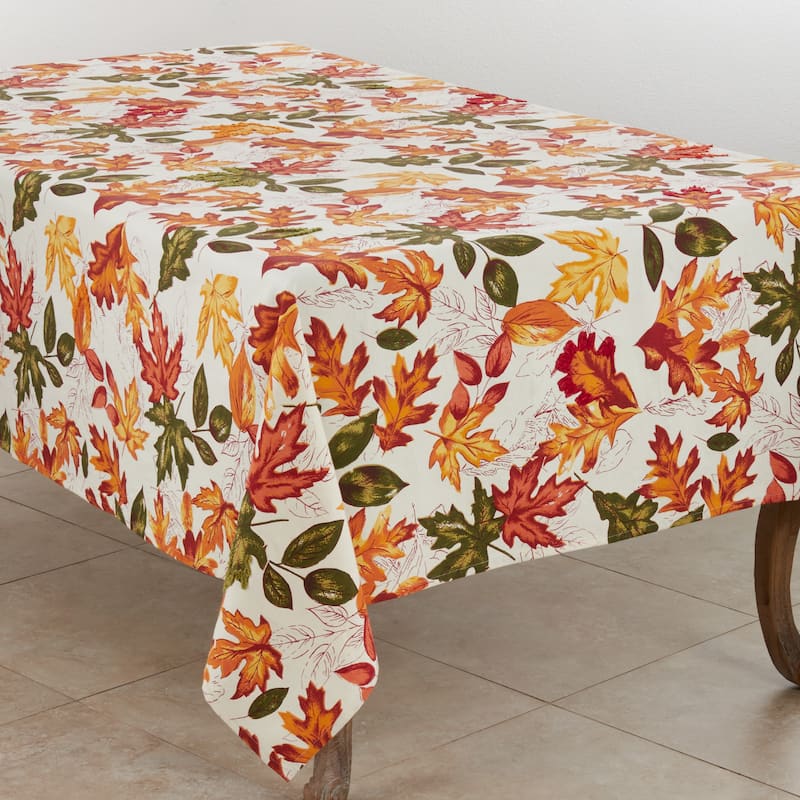 Cotton Tablecloth With Embroidered Autumn Leaves - 65 x 140 - Rectangle