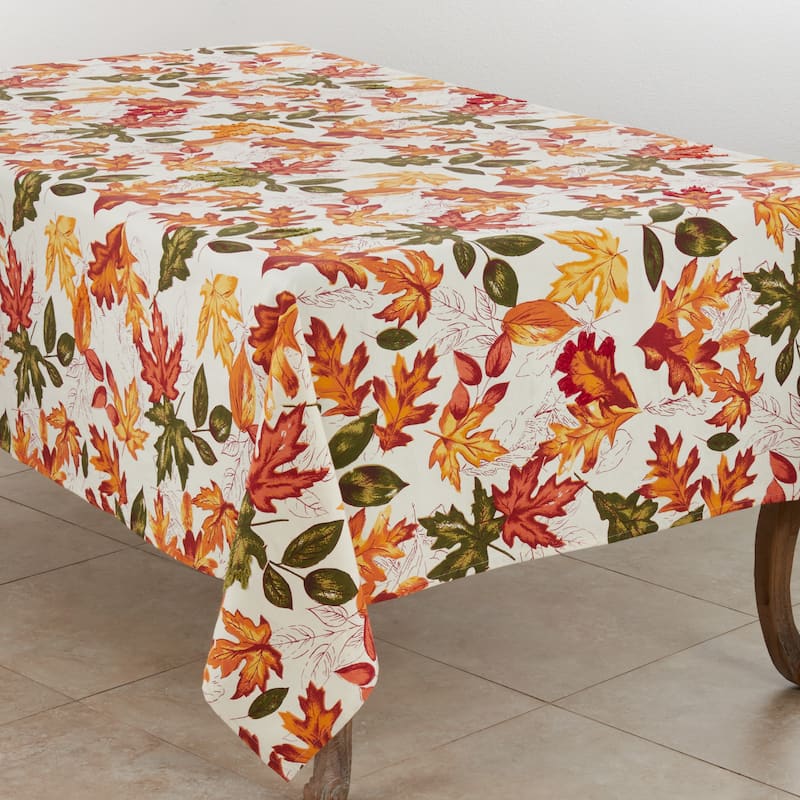 Cotton Tablecloth With Embroidered Autumn Leaves - 65 x 84 - Rectangle