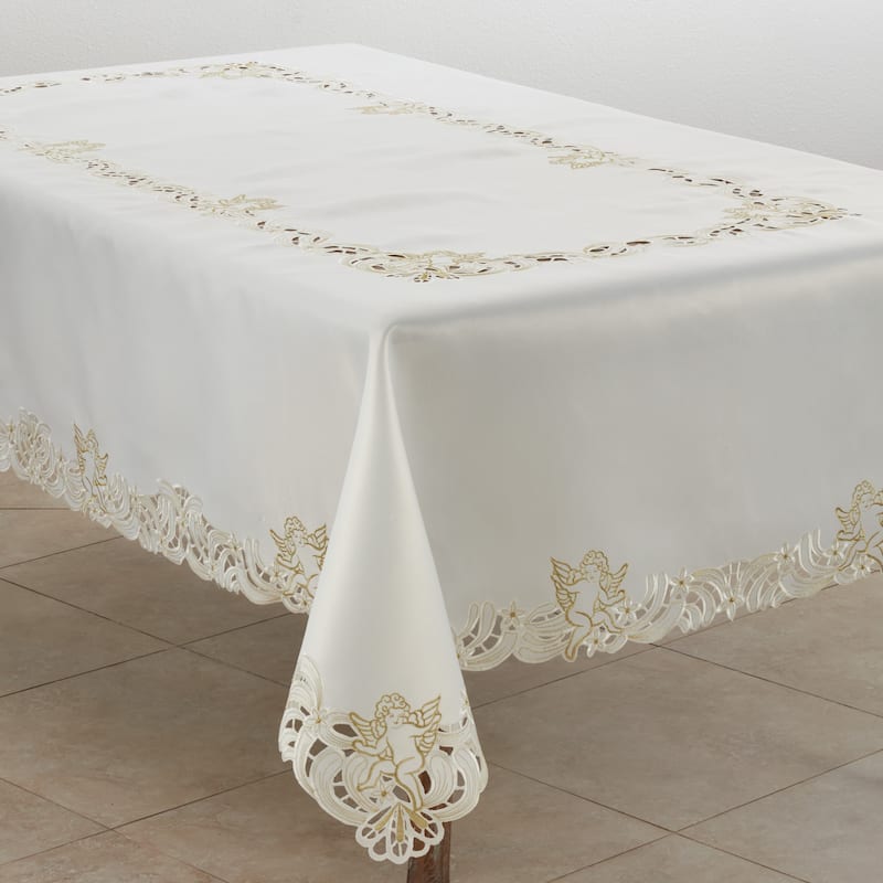 Embroidered Tablecloth With Cupid Design - 65 x 140 - Ivory - Rectangle