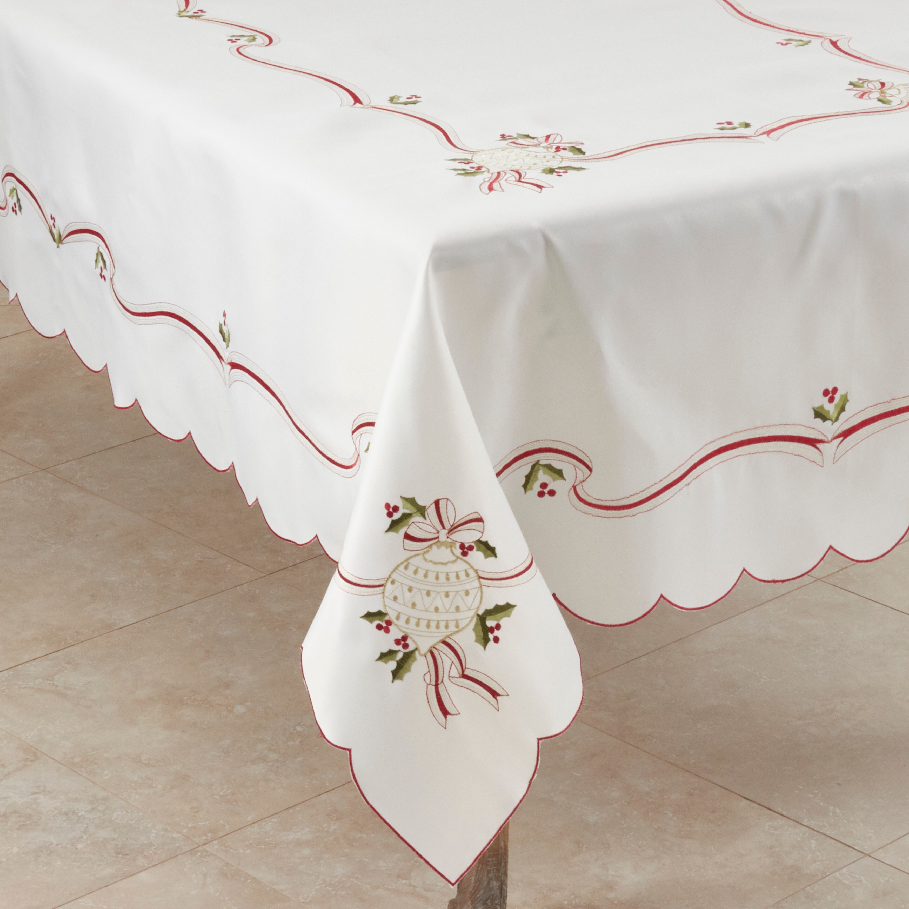 Chistmas White 72x144" Cotton Embroidered Red Poinsettia Embroidery Tablecloth 