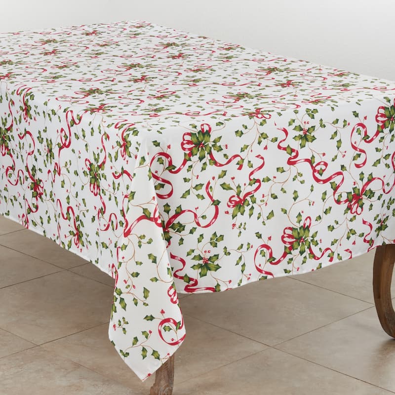 Holiday Tablecloth With Holly and Ribbon Design - 60 x 104 - Rectangle