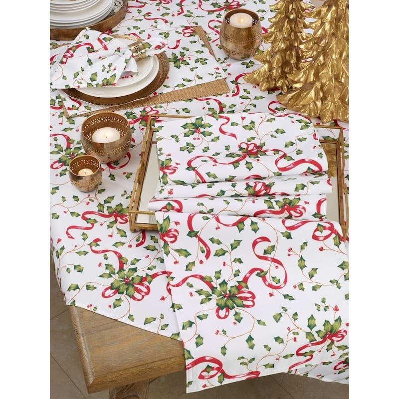 Holiday Tablecloth With Holly and Ribbon Design