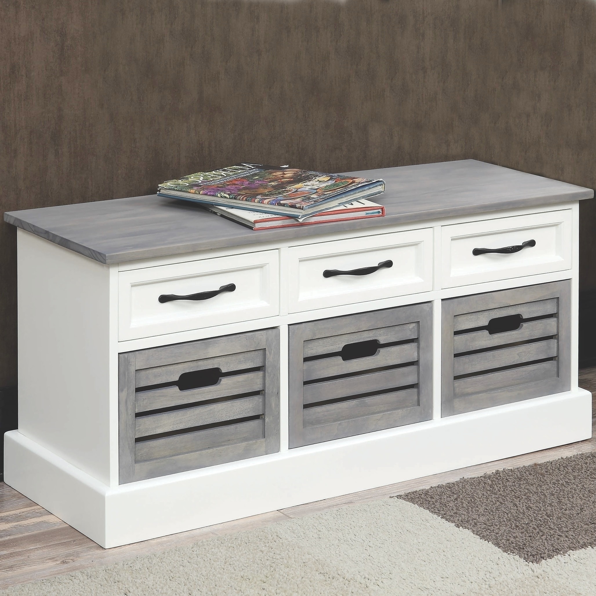 Two Toned Grey White Storage Bench With Drawers And Wooden Baskets Overstock 29473584