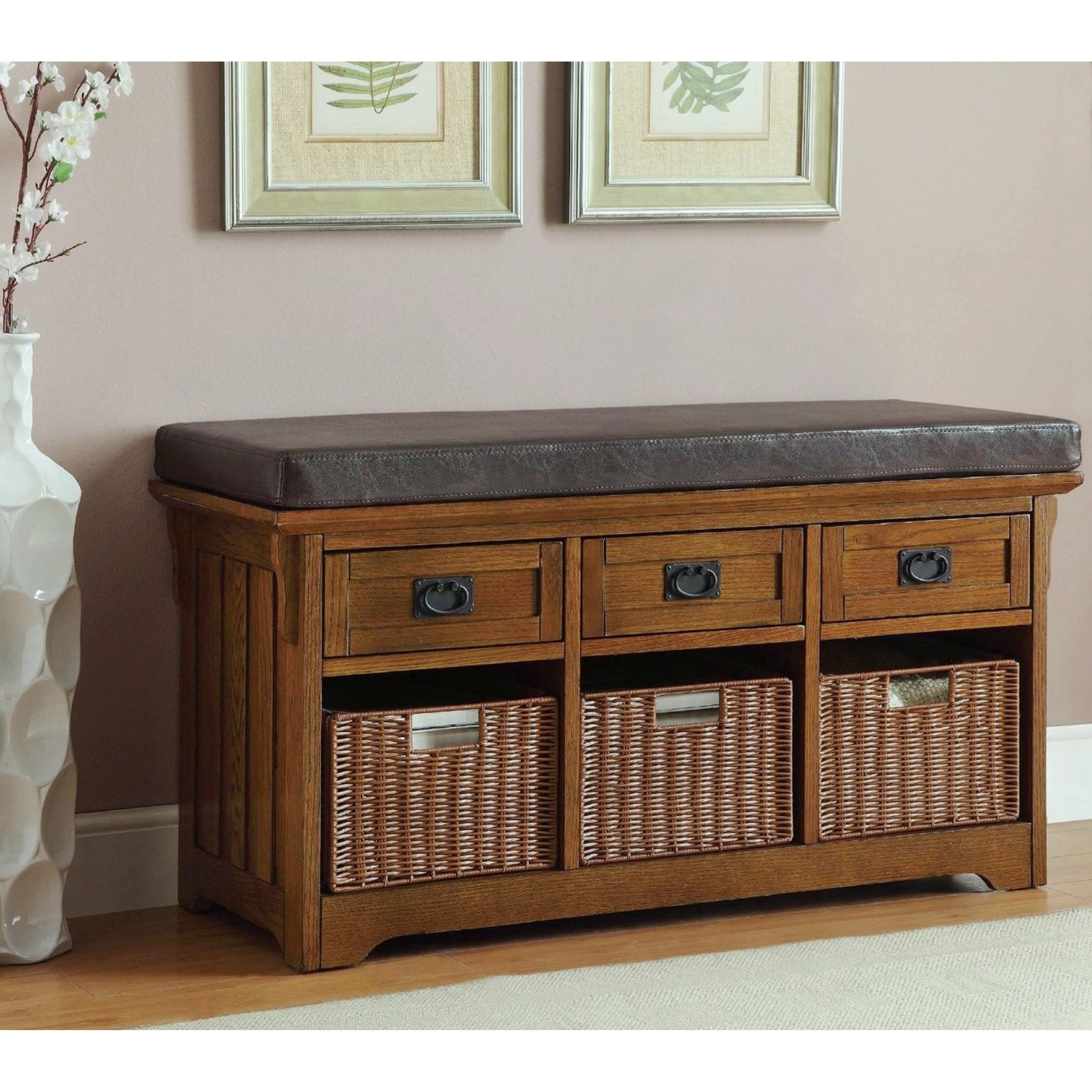 Mid Century Storage Bench with Drawers and Woven Baskets