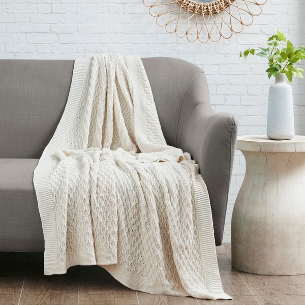 Madison Park Malone Tan Cotton Knit Throw. Opens flyout.