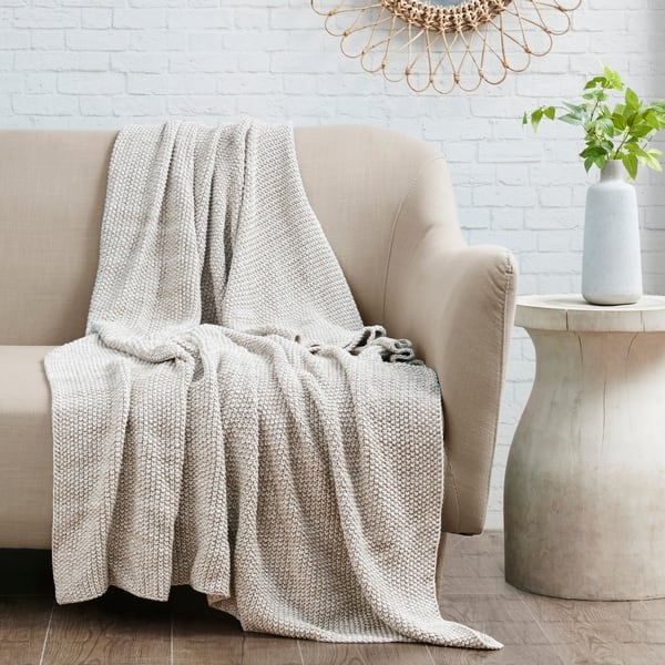 slide 1 of 7, Madison Park Coe Natural Cotton Knit Throw