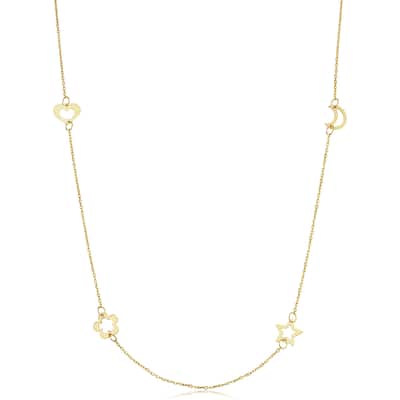14k Yellow Gold Heart Flower Star Moon Station Necklace (adjusts to 17 or 18 inches)