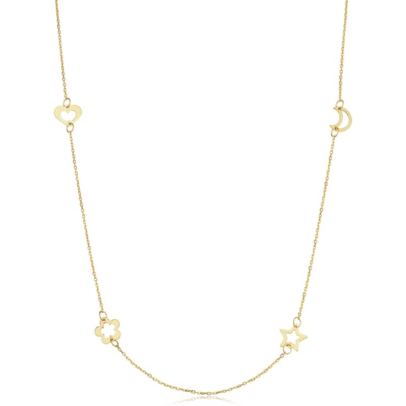 14k Yellow Gold Heart Flower Star Moon Station Necklace (adjusts to 17 or 18 inches)