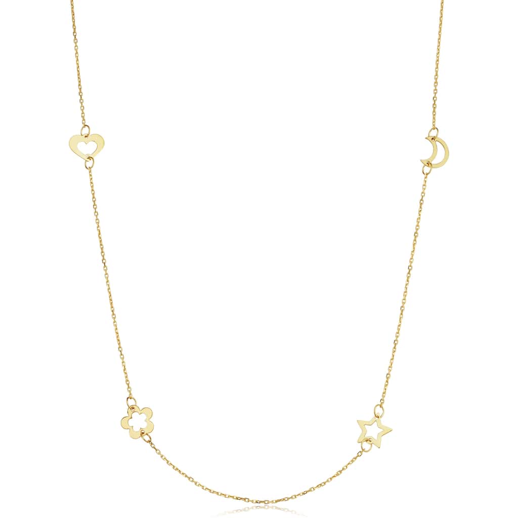 14k Yellow Gold Heart Flower Star Moon Station Necklace (adjusts to 17 or 18 inches)