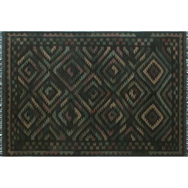 slide 1 of 6, Noori Rug Overdyed Kilim Roshanar Charcoal/Green Rug - 5'9" x 8'2"