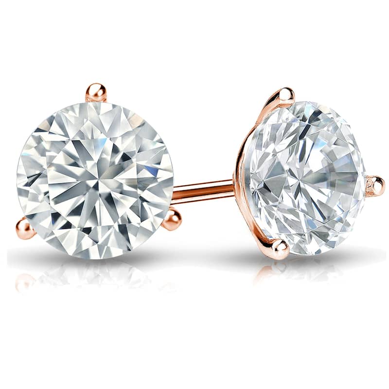 Auriya 2ctw Round Diamond Stud Earrings 14k Gold 3-Prong Martini Certified (G-H, SI2-I1) - Rose