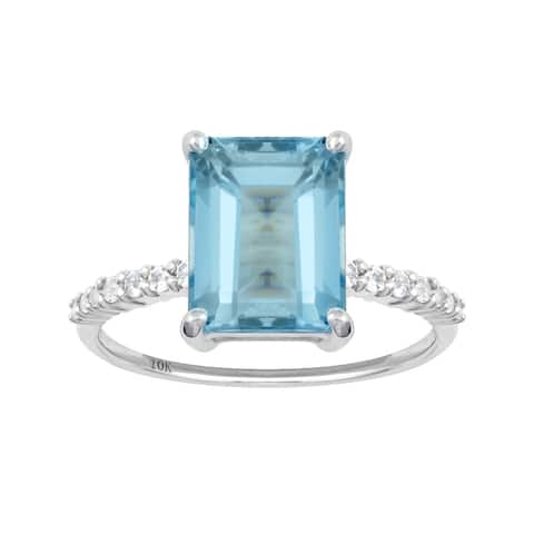 Viducci 10k White Gold Emerald-Cut Blue Topaz and White Topaz Ring