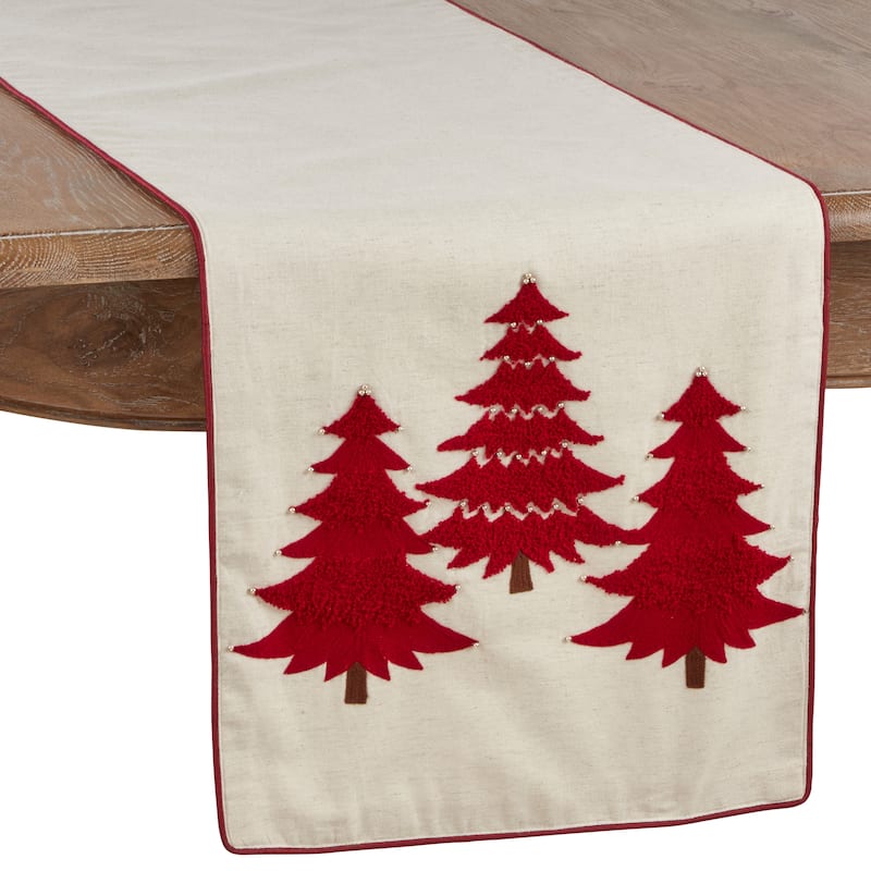 Embroidered Christmas Tree Holiday Table Runner - Red