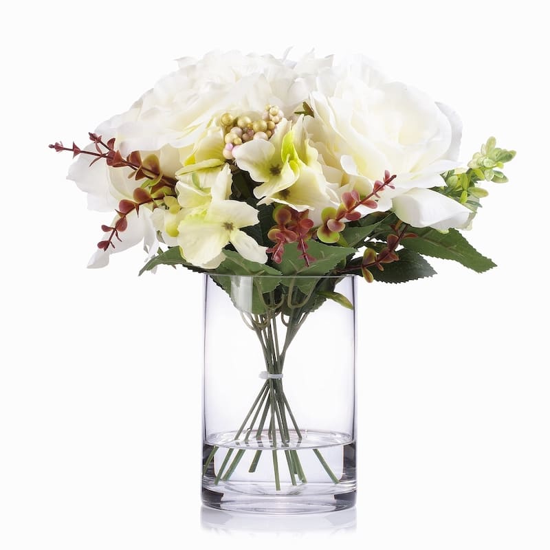 Enova Home Artificial Mixed Fake Roses and Hydrangea Silk Flowers Arrangement in Clear Glass Vase with Faux Water for Home Decor