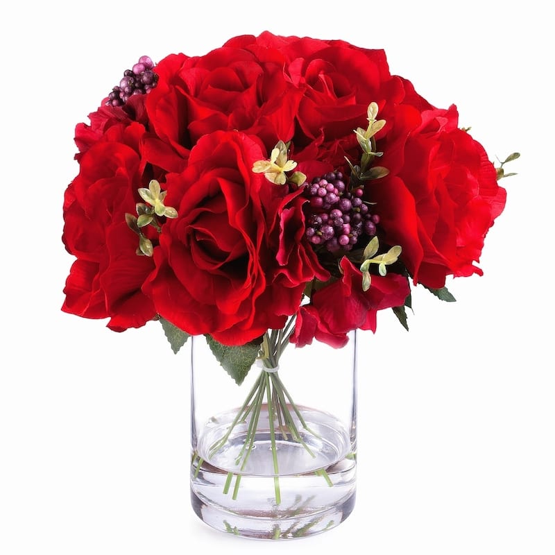 Enova Home Artificial Mixed Fake Roses and Hydrangea Silk Flowers Arrangement in Clear Glass Vase with Faux Water for Home Decor - Red