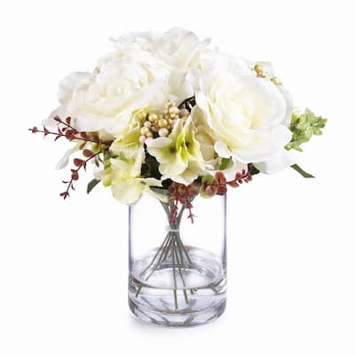 Enova Home Artificial Mixed Fake Roses and Hydrangea Silk Flowers Arrangement in Clear Glass Vase with Faux Water for Home Decor