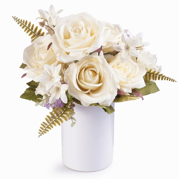 Enova Home Rose and Hydrangea Silk Flower Arrangement in Ceramic Vase with Faux Water For Home Wedding Centerpiece. Opens flyout.