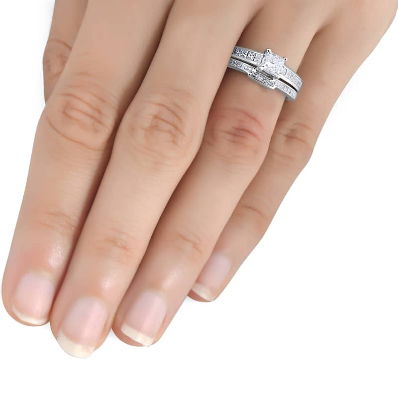 14k White Gold 1 Ct TDW Princess Cut Diamond Engagement Wedding Ring Bridal Set