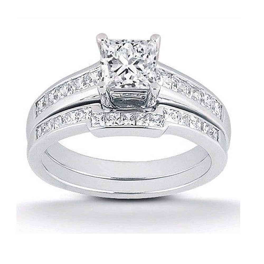 14k White Gold 1 Ct TDW Princess Cut Diamond Engagement Wedding Ring Bridal Set