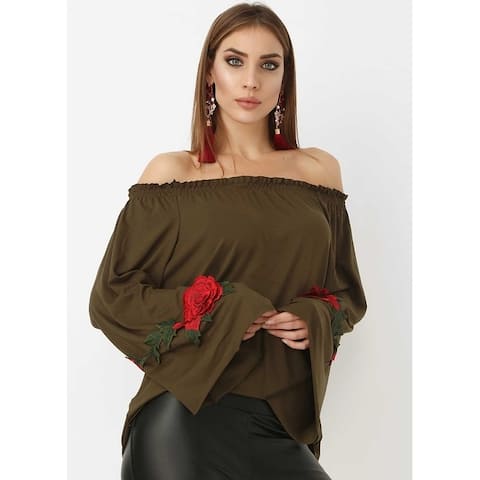 Bambina Mia Collection - Khaki & Red Floral-Accent Bell-Sleeve Off-Shoulder Top
