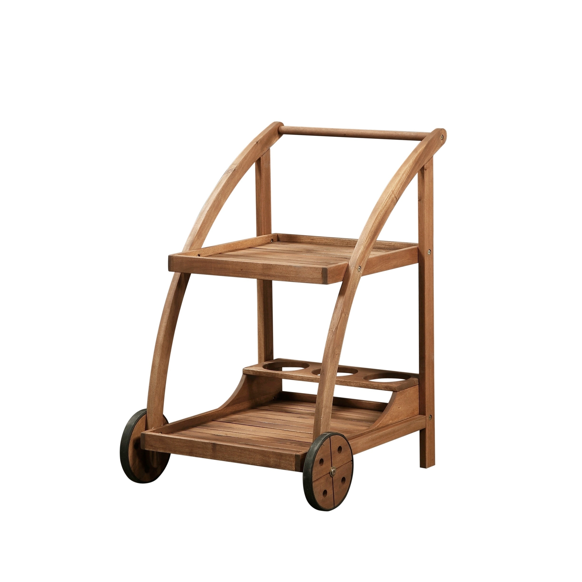2 Shelf Wooden Trolley with Caster Wheels and Bottle Holders, Brown