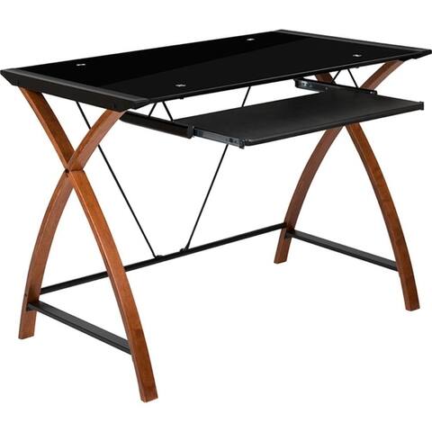 Offex Black Glass Computer Desk with Pull Out Keyboard Tray and Crisscross Frame
