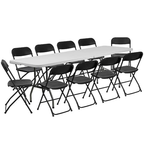 Offex 8' Bi-Fold Granite White Plastic Event Training Folding Table Set with 10 Folding Chairs