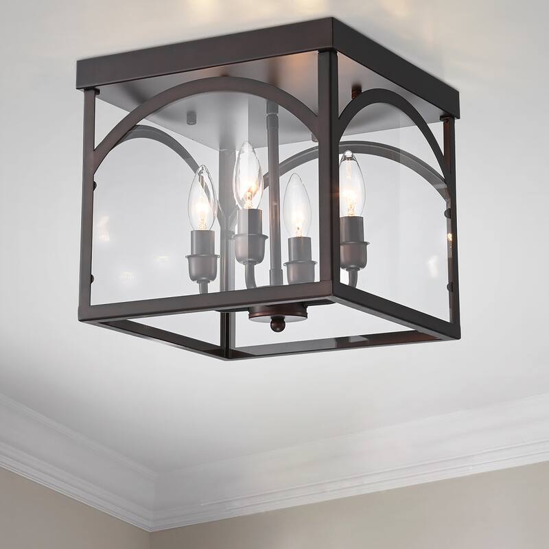 Fogi Antique Bronze 4-Light Flushmount with Square Glass Shade