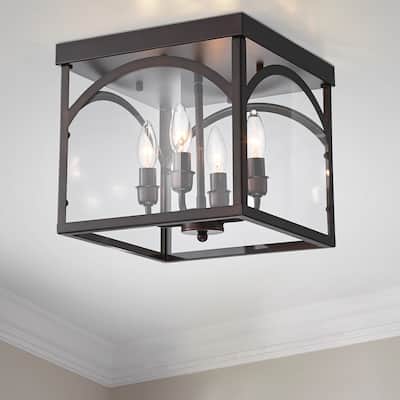 Fogi Antique Bronze 4-Light Flushmount with Square Glass Shade