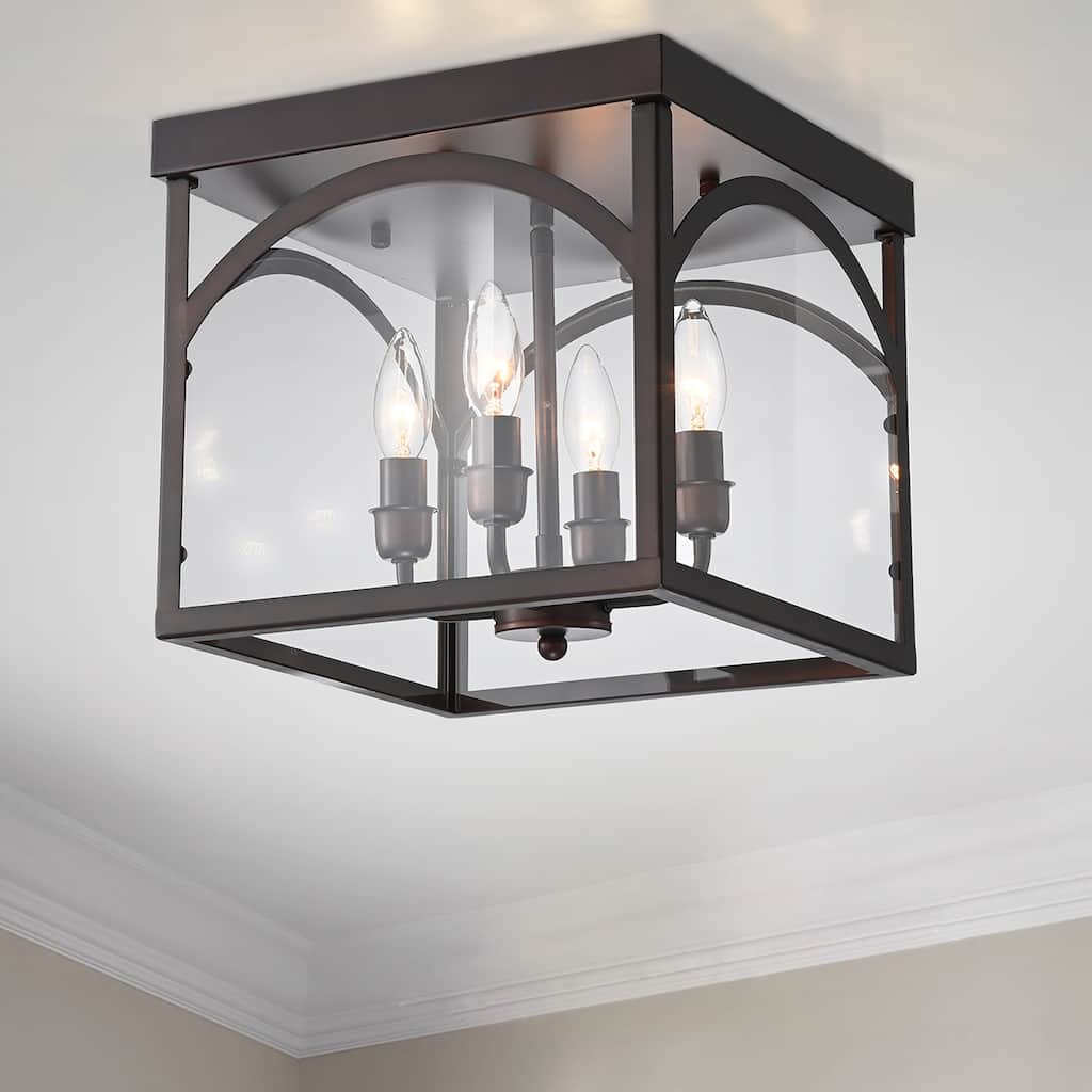 Fogi Antique Bronze 4-Light Flushmount with Square Glass Shade