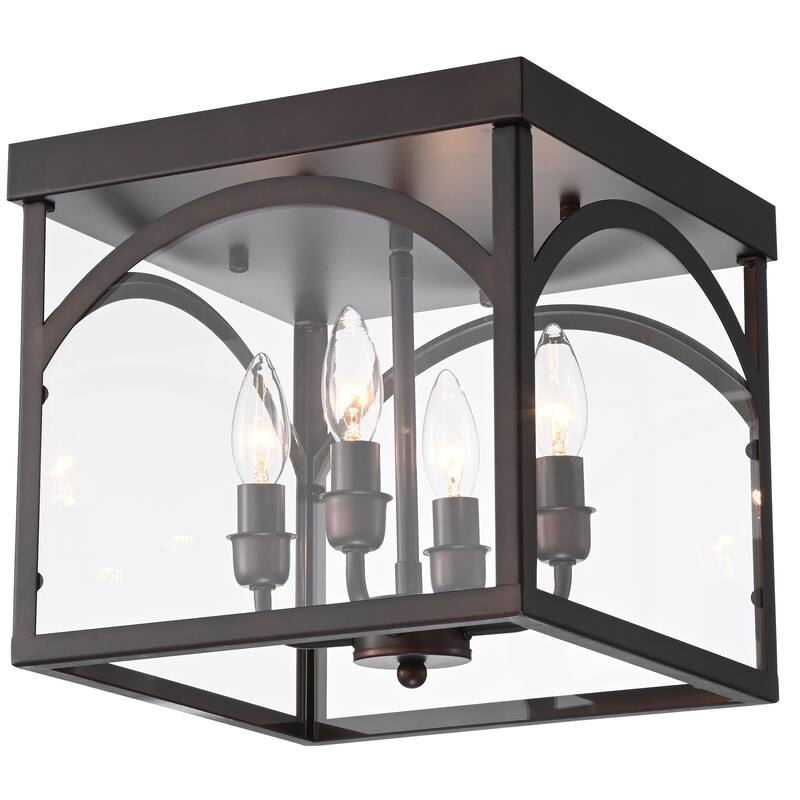 Fogi Antique Bronze 4-Light Flushmount with Square Glass Shade