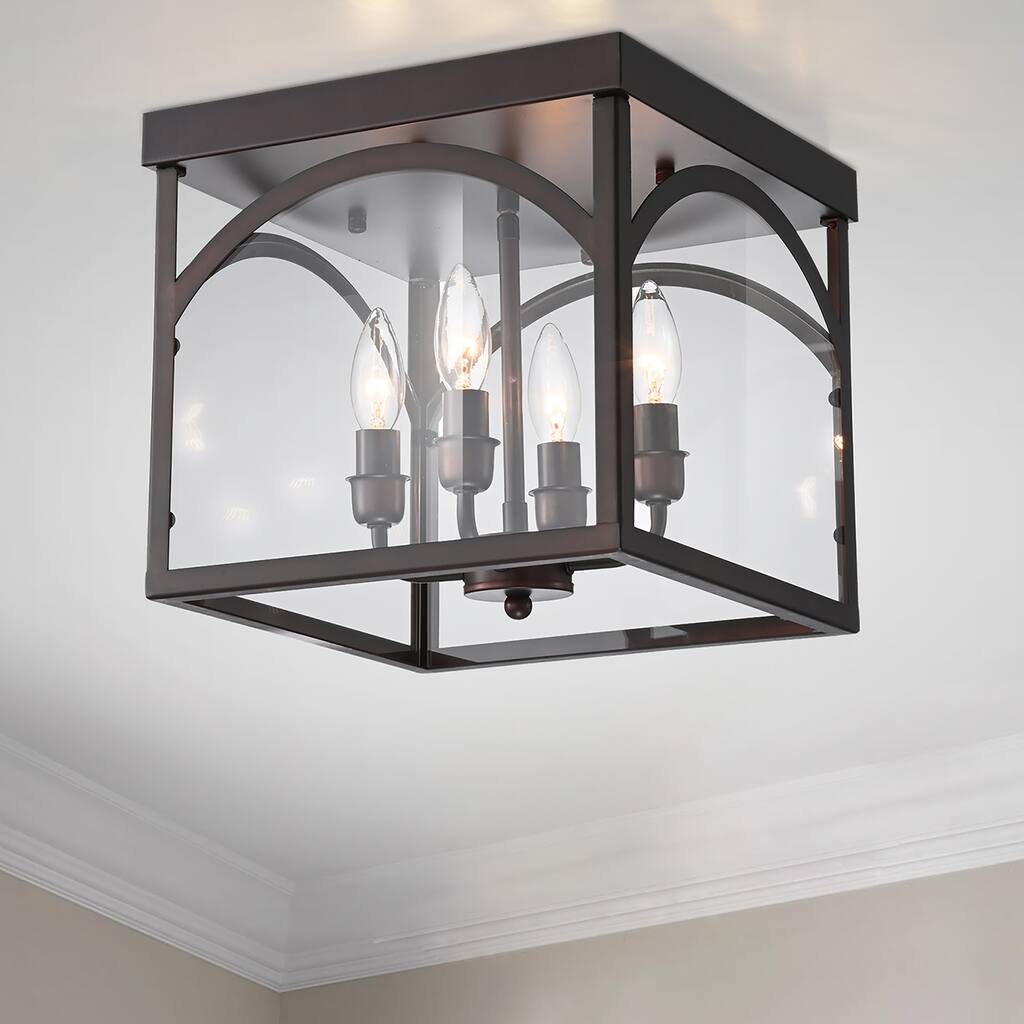 Fogi Antique Bronze 4-Light Flushmount with Square Glass Shade