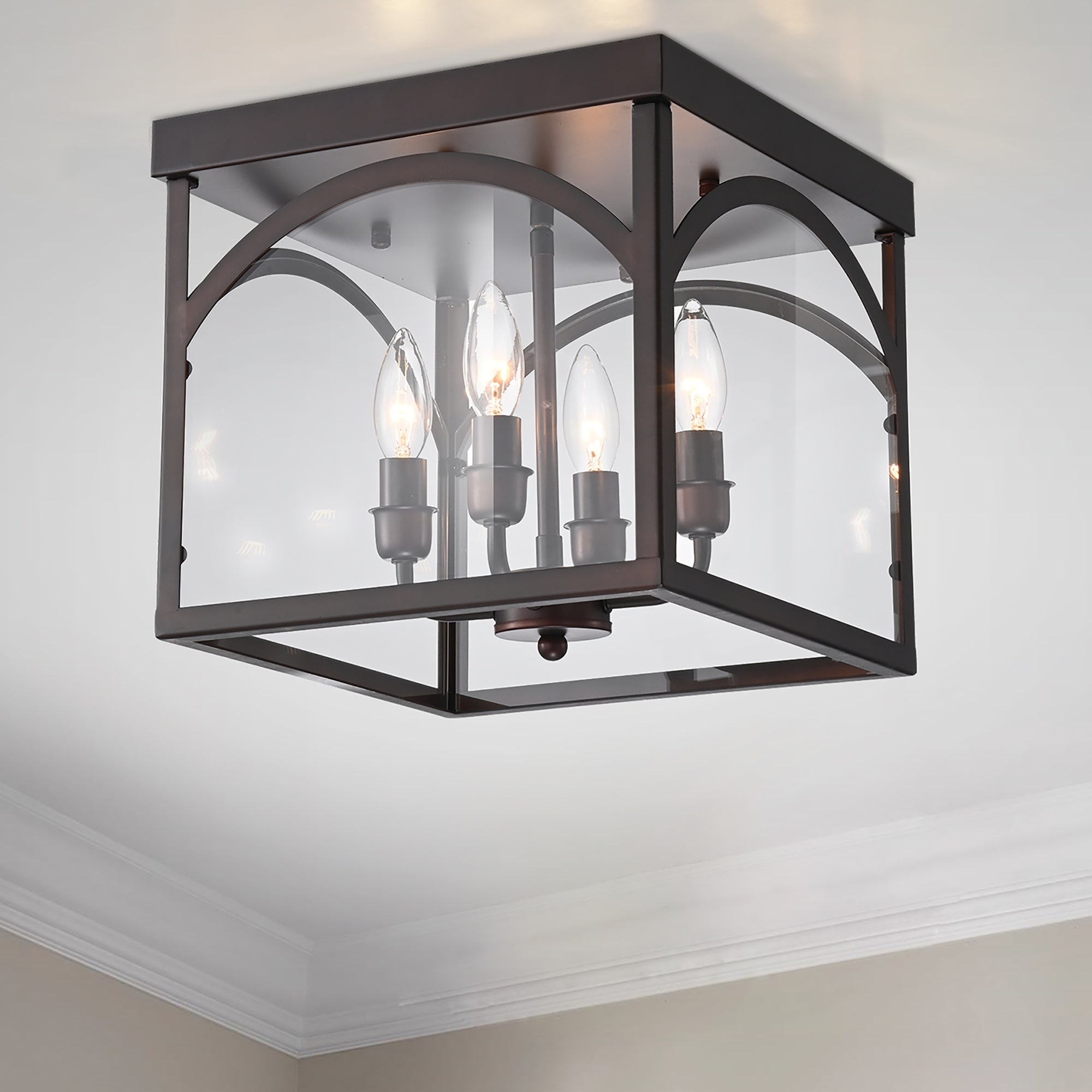 Warehouse of Tiffany Fogi Antique Bronze 4-Light Flushmount with Square Glass Shade