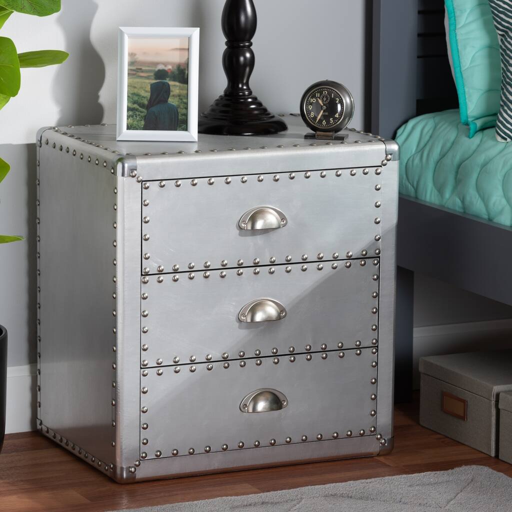 Baxton Studio Armel French Industrial Silver Metal 3-Drawer End Table