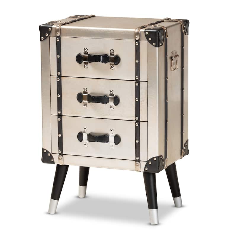 Baxton Studio Dilan Vintage Industrial Antique Silver Finished Metal Trunk Inspired 3-Drawer End Table - Silver - 3-drawer