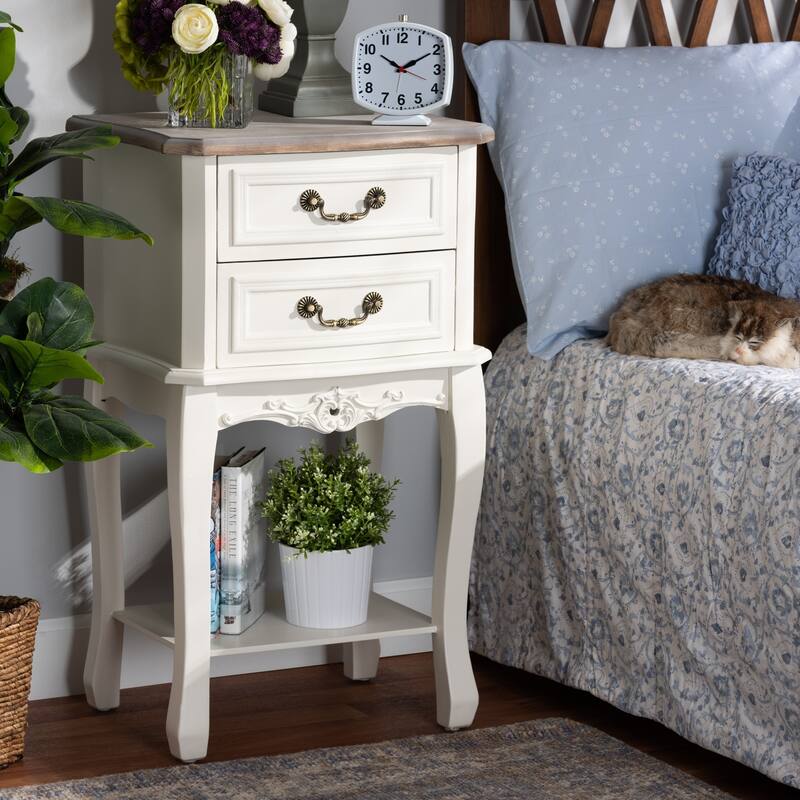 Baxton Studio Amalie Antique French Country Cottage Two-Tone White and Oak Finished 2-Drawer Wood End Table