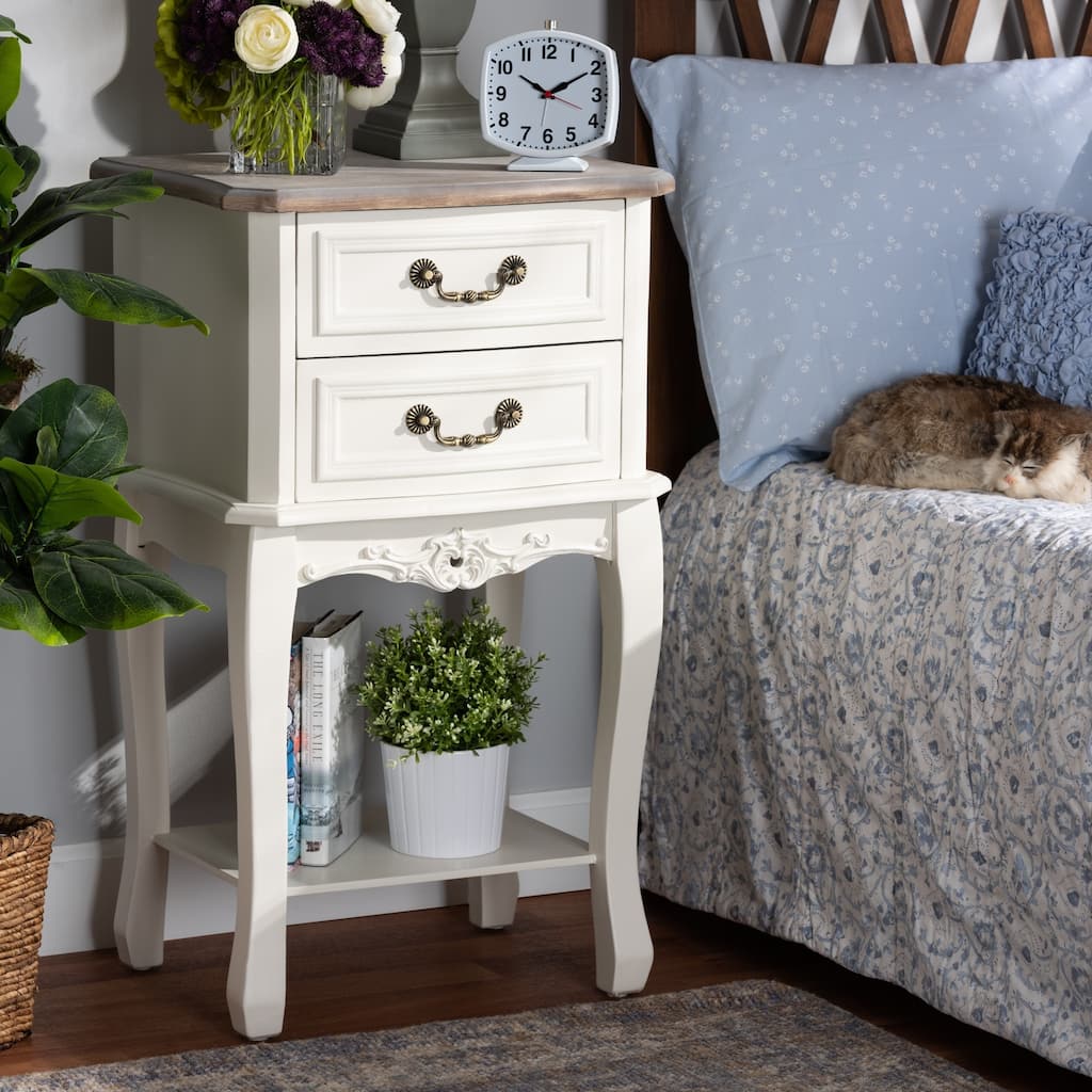 Baxton Studio Amalie Antique French Country Cottage Two-Tone White and Oak Finished 2-Drawer Wood End Table