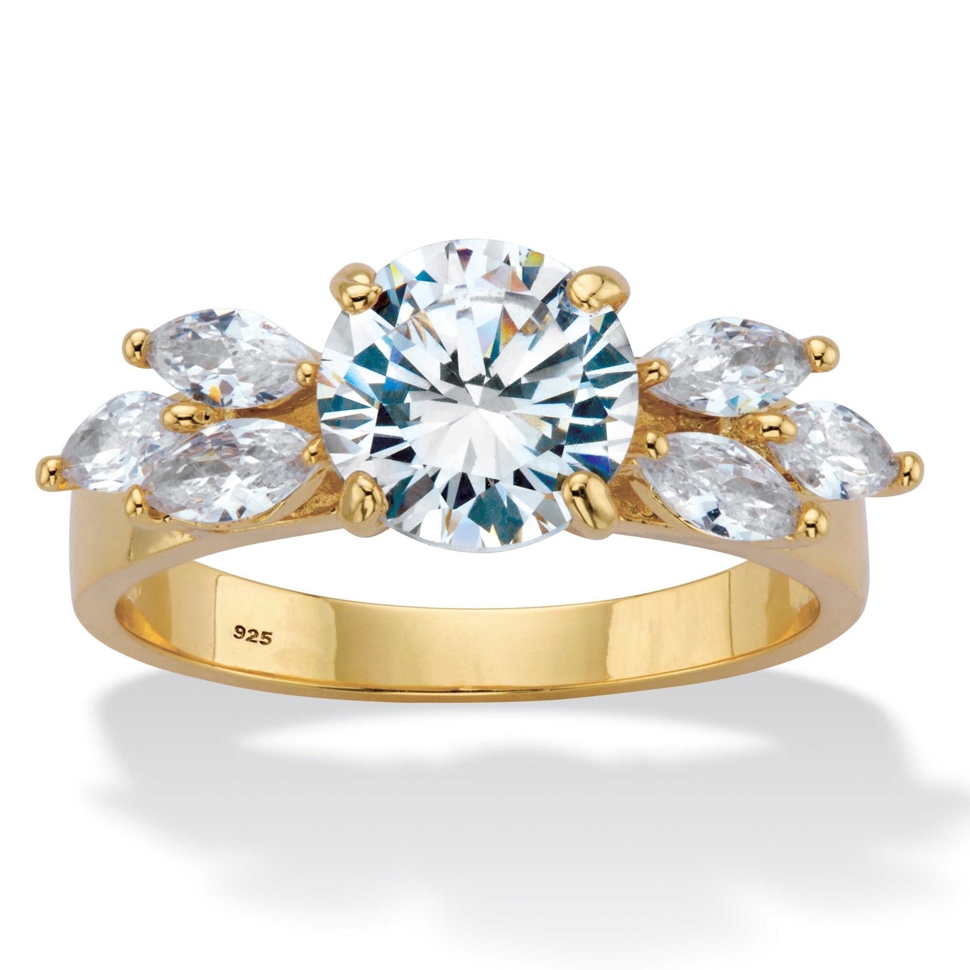 Round Cut White Cubic Zirconia Solitaire with Accent Ring in 14K Yellow Gold Over Sterling Silver
