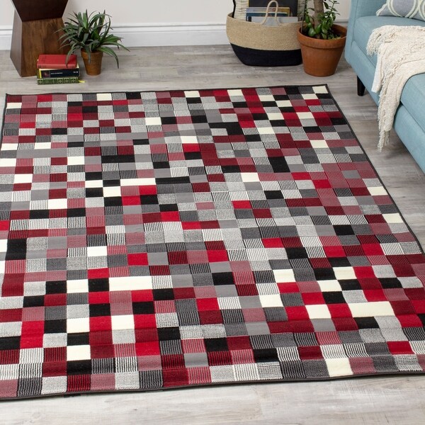 Fona Red Grey Tiny Blocks Rug