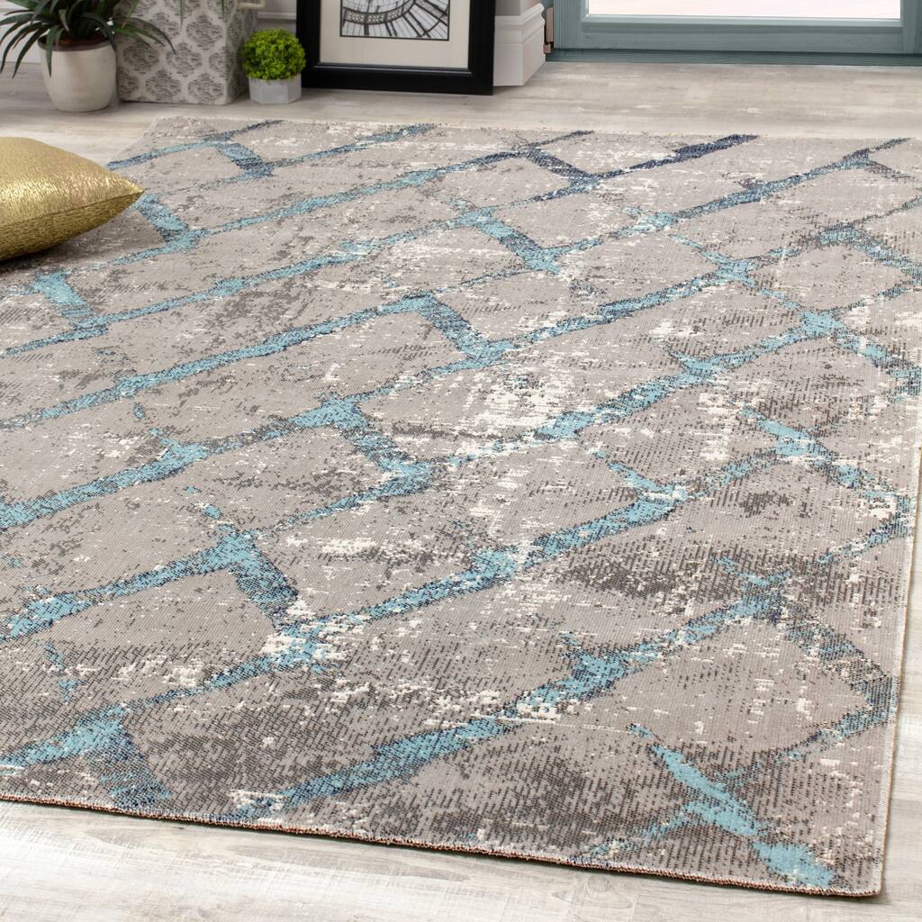 Safa Grey Blue Diamond Pattern Rug