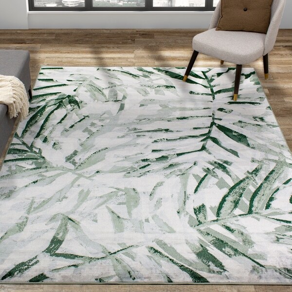 Vintage Grey Green Overlaid Palm Fronds Rug