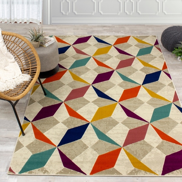 Trona Grey Orange Diamond Checkerboard Rug