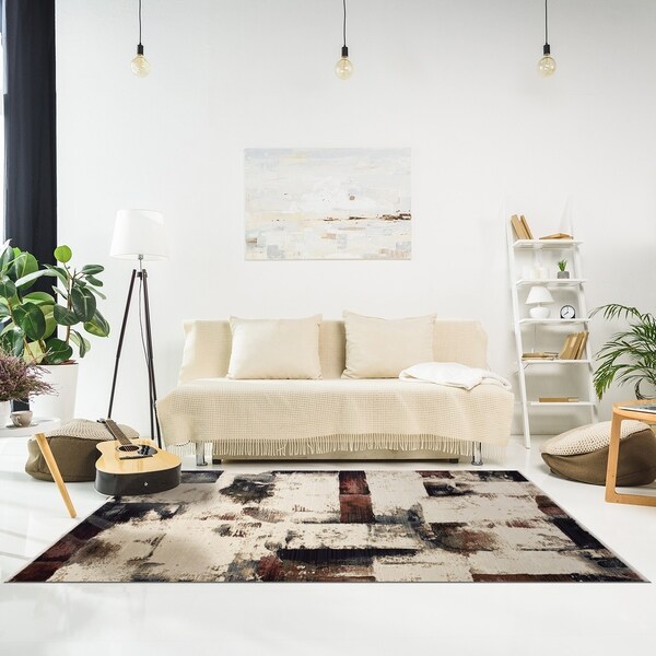 Simu Cream Red Multi Distressed Blocks Rug