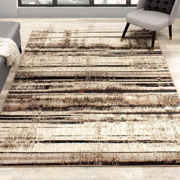 Palladium Beige Brown Distressed Stripes Rug