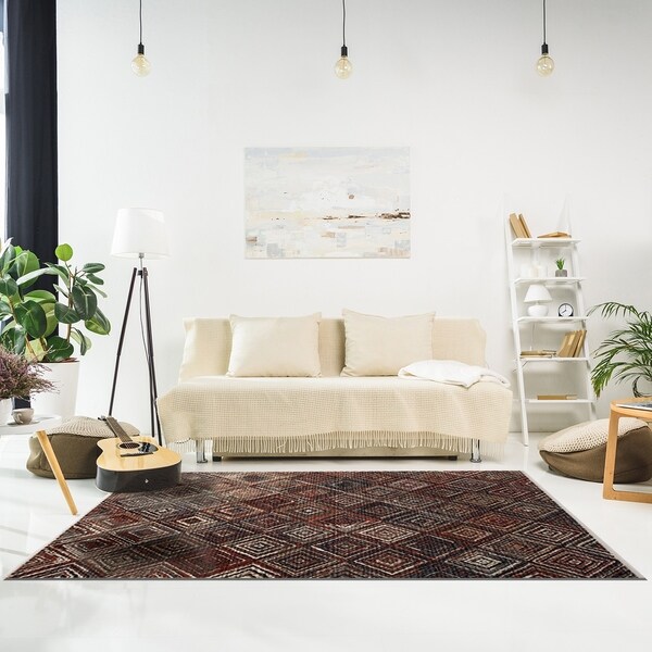 Simu Red Grey Cream Beige Square Tile Rug