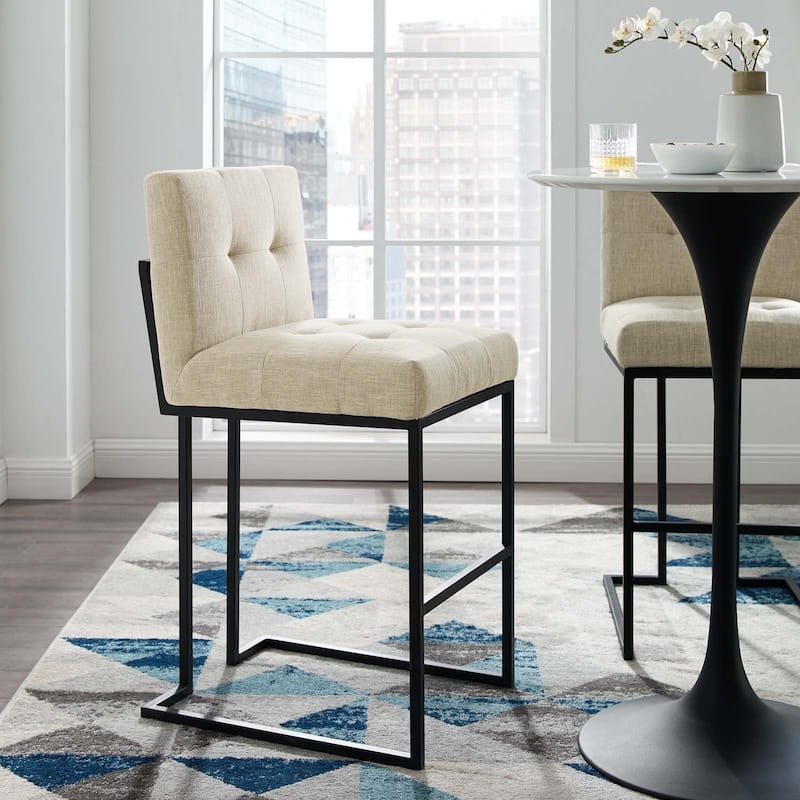 Privy Black Stainless Steel Upholstered Fabric Bar Stool, Light Gray