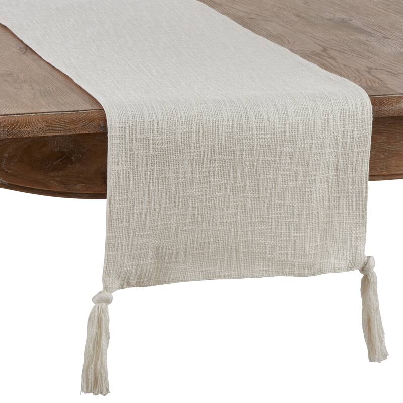 Solid Color Table Runner With Tasseled Design - Ivory