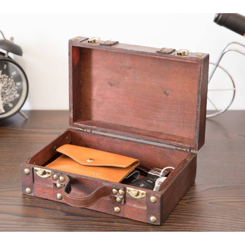 Antique Style Small Wooden Suitcase With Leather Straps and Handle
