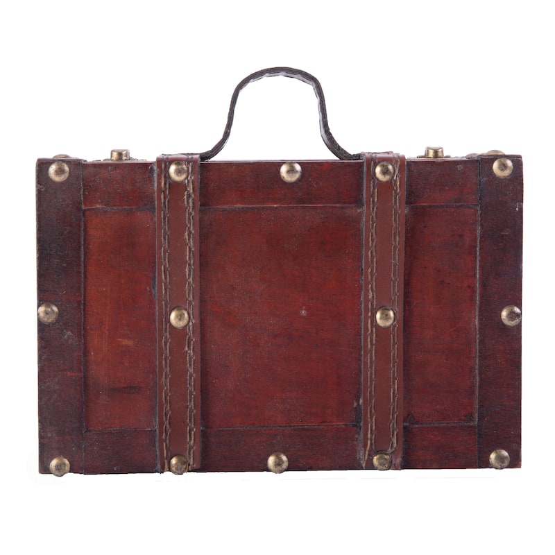 Antique Style Small Wooden Suitcase With Leather Straps and Handle - Cherry